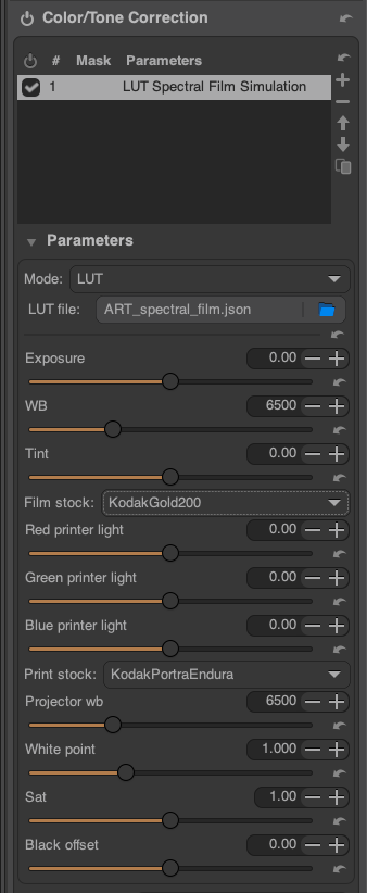 *Spectral Film LUT* module in ART